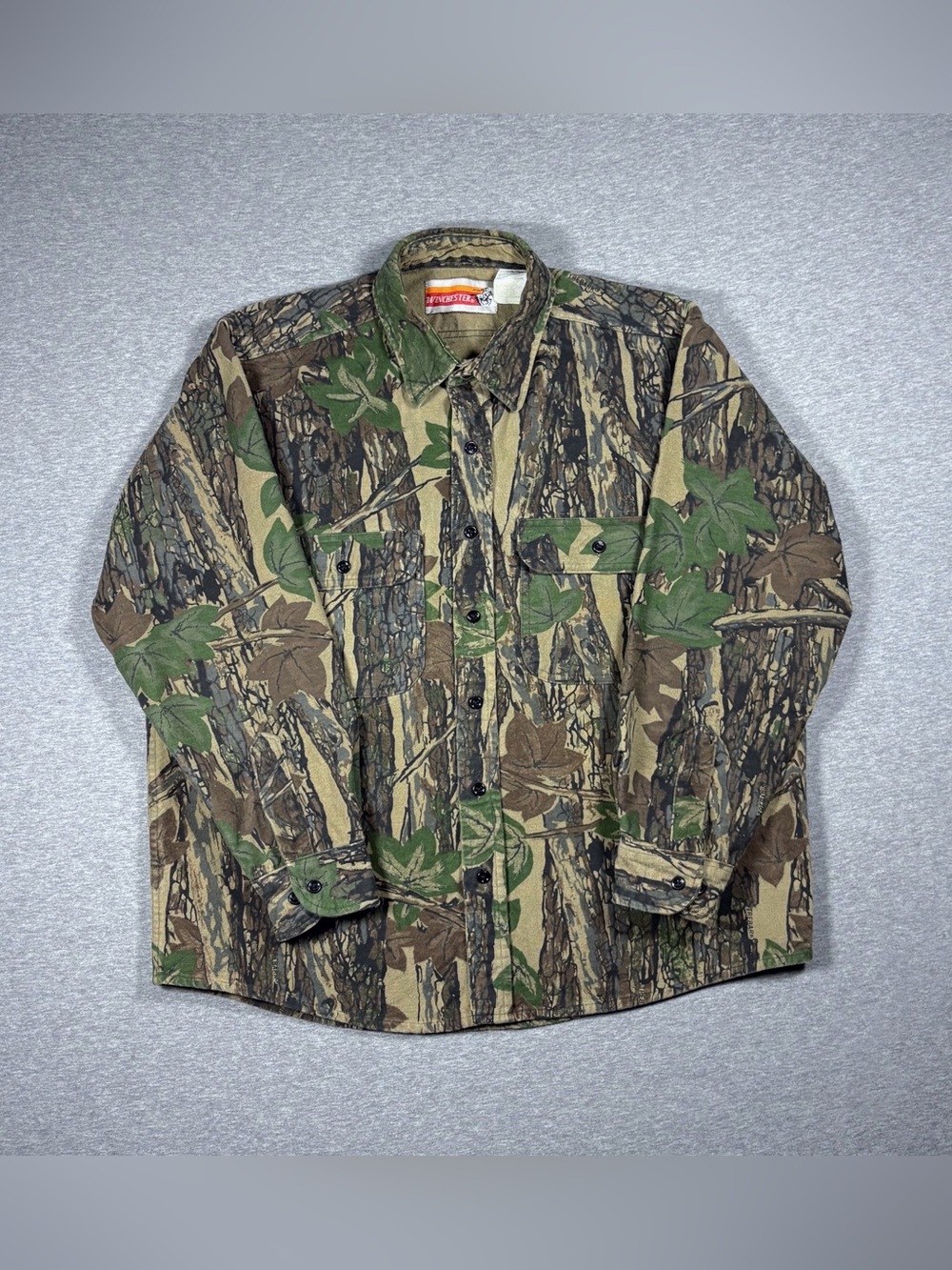 Vintage Winchester Camo Chamois Button Up Shirt Mens L TreBark Hunting 90s